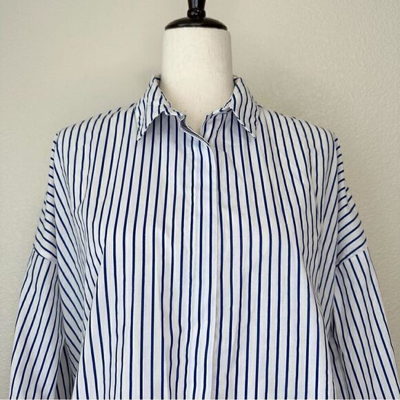 Zara Basic Collection Blue White Striped High-Low Button Down Shirt - Picture 2 of 13